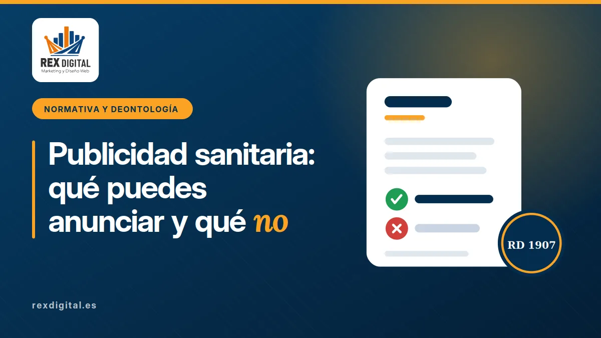 Publicidad sanitaria: documento de clínica con un mensaje permitido en verde, otro prohibido en rojo y el sello del RD 1907/1996